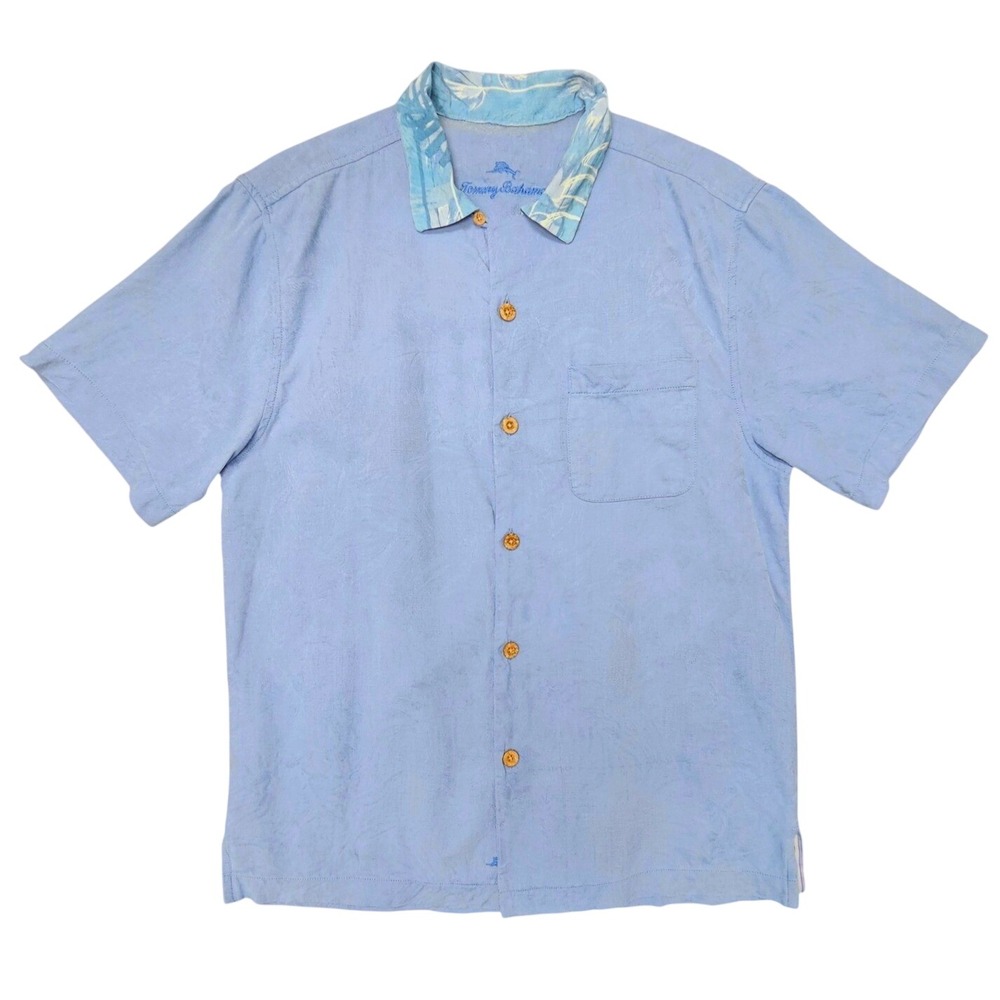 Tommy Bahama Silk Camp Shirt Mens S Blue Tropical Jacquard Short Sleeve Beachy